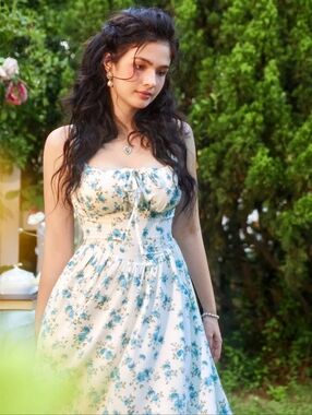 NWT Scarlet Darkness Floral Milkmaid Midi Dress White & Blue Size 2XL XXL